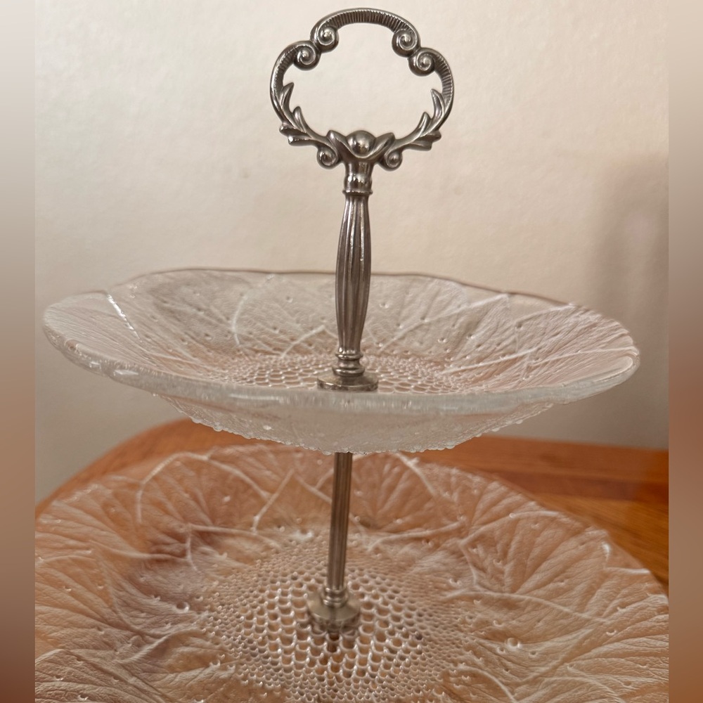 Vintage-Inspired Frosty Leaves, Two-Tier Glass Serving Tray 11 & 8.25"